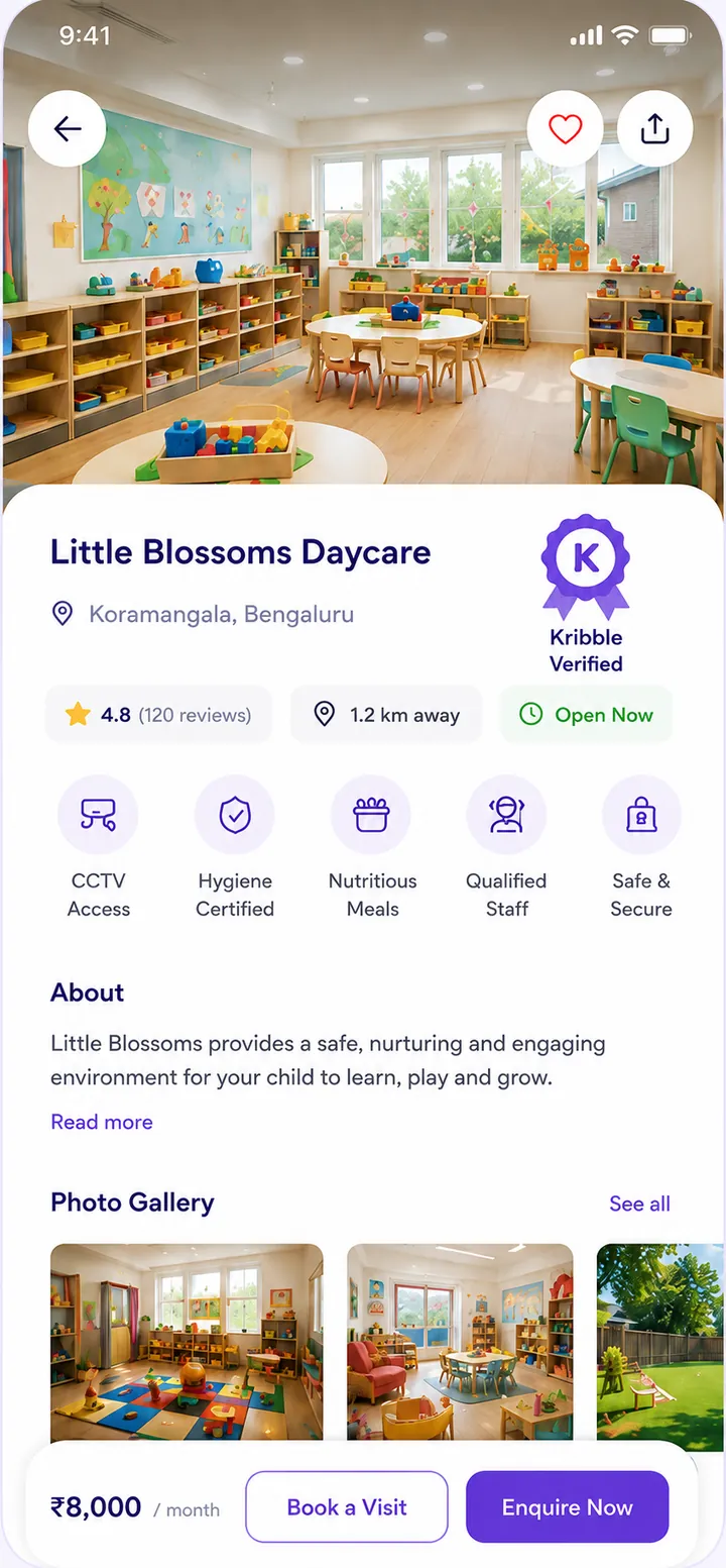 The Kribble app showing a verified daycare listing